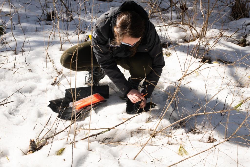 A student taking samples from snow for testing 